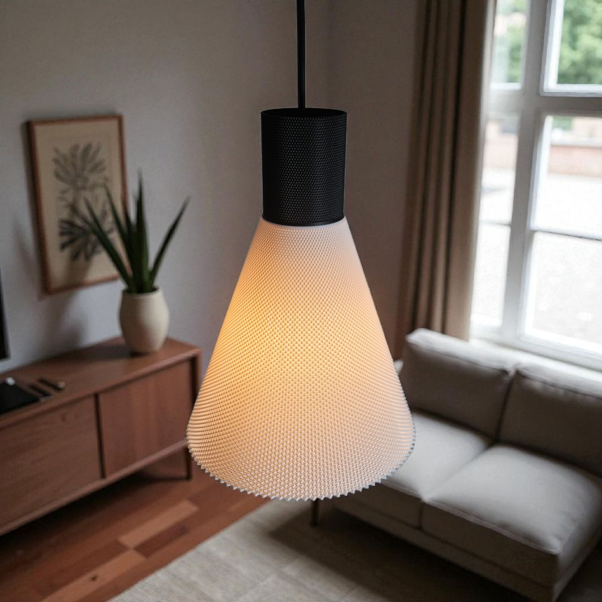 A modern pendant lamp with a conical white shade featuring a textured surface hangs from a black ceiling fixture.