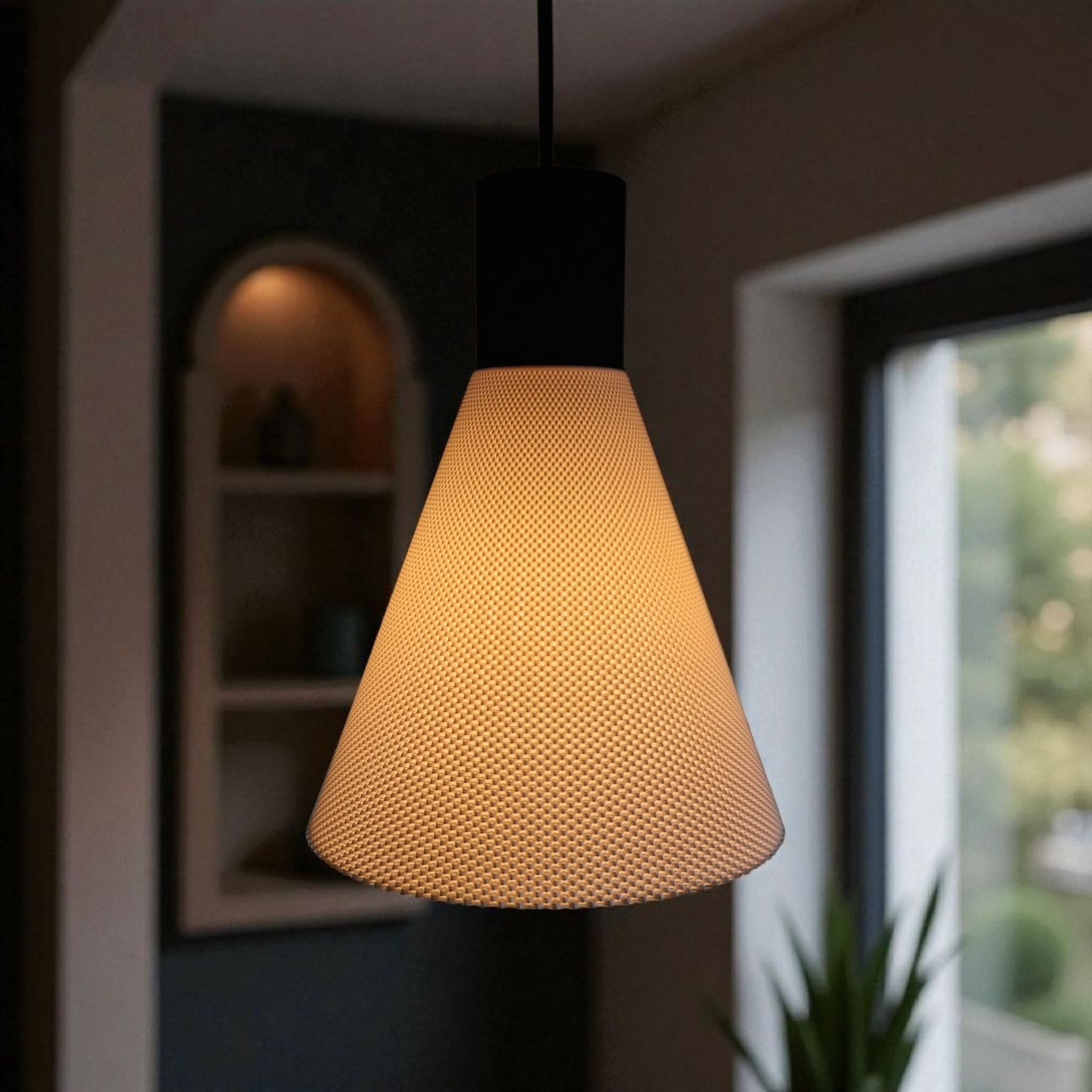 A modern conical pendant lamp with a textured white shade emits a warm, soft glow in a cozy interior setting.