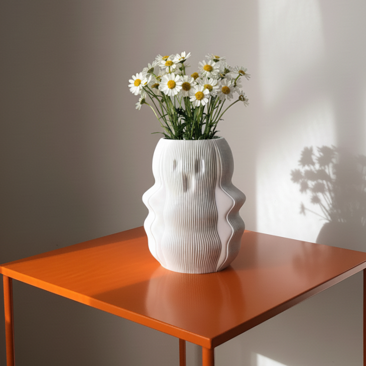 A textured white vase with a wavy design holds a bouquet of white daisies, placed on a vibrant orange table. The soft sunlight casts subtle shadows on the wall, enhancing the vases sculptural quality.
