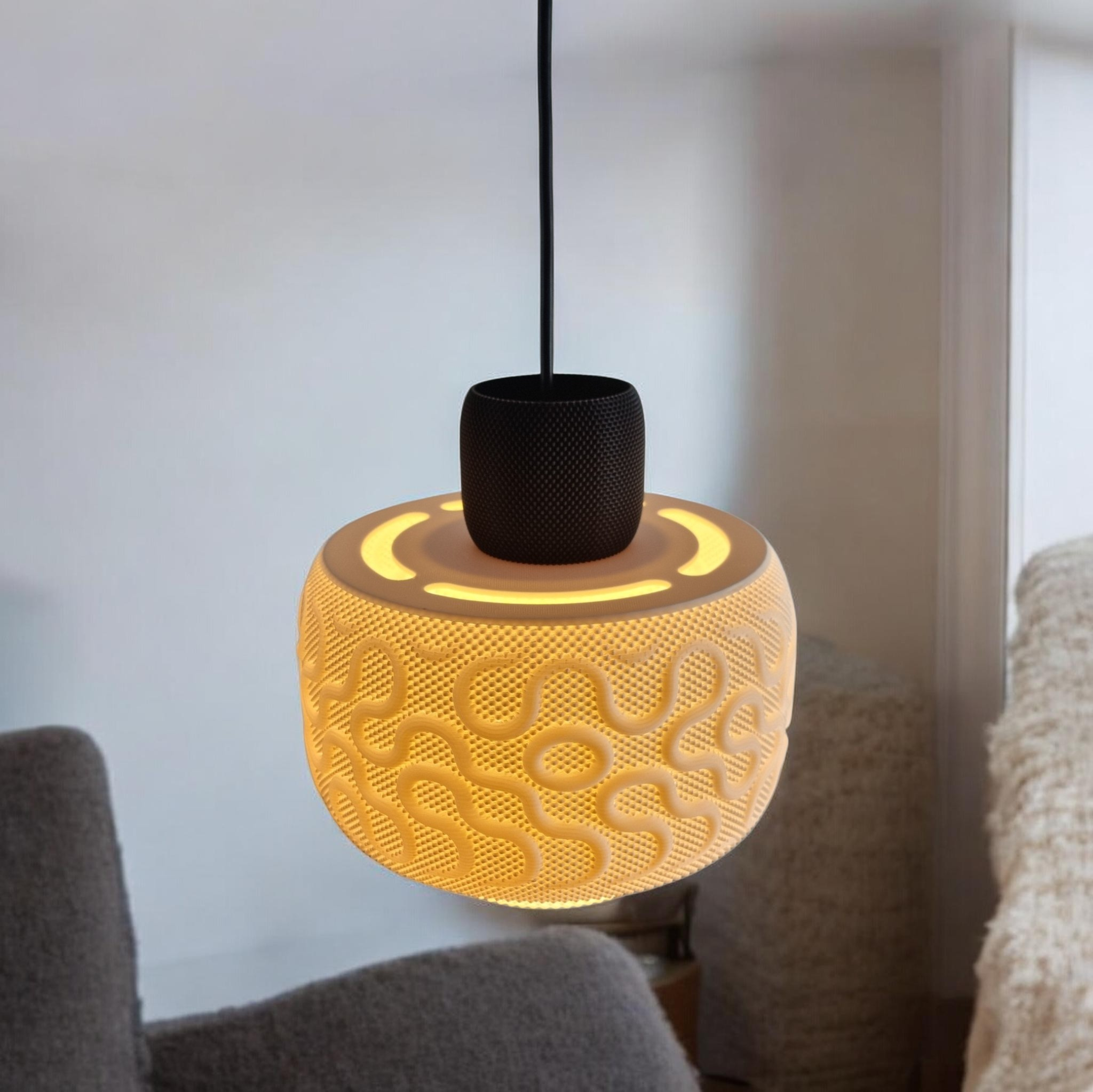 SEAMLESS pendant light seen from above, glowing top detail and organic relief design by Lunfardo for Quarks